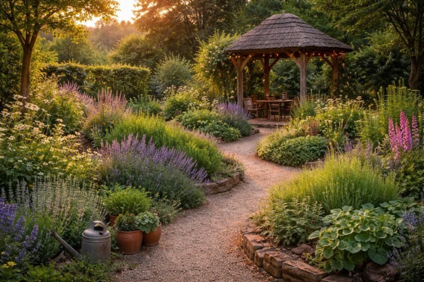 Ländlicher Garten mit geschwungenen Wegen, üppigen Beeten, natürlichen Materialien und Nutz- und Zierpflanzen