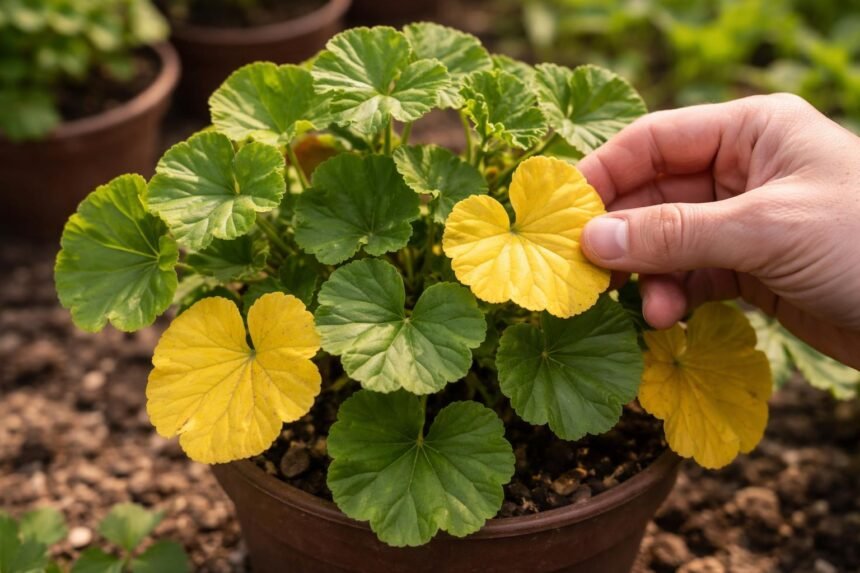 - Gelbe Blätter bei Geranien zeigen mögliche Geranien-Chlorose, Erkennen und schnelle Gegenmaßnahmen einleiten