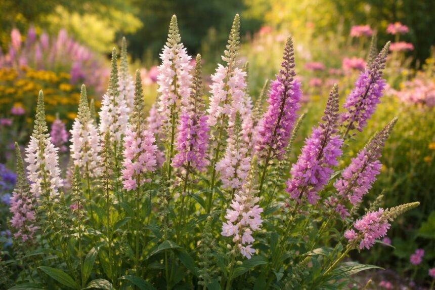 Gelenkblume: Standort, Schneiden & die schönsten Sorten Gelenkblume im Staudenbeet, kerzengerade Blütenähren, bewegliche Blütenenden, Weiß bis Rosa