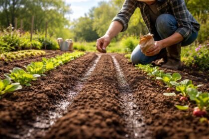 - Junge Gemüsepflanzen wachsen im März, Gärtner bereitet Saat und Boden vor.