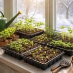 Junge Gemüsepflänzchen stehen im hellen Fensterbanklicht und wachsen geduldig für die Frühlingsernte.