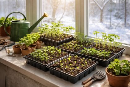 Junge Gemüsepflänzchen stehen im hellen Fensterbanklicht und wachsen geduldig für die Frühlingsernte.