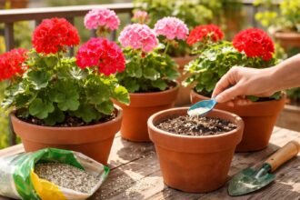 - Frische Geranien auf Balkon, Düngen-Tipps, passende Düngerwahl für üppige Blüten