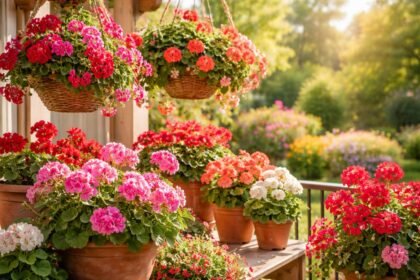 Bunte Geranien in Balkonkästen, hängen und stehend, vielfältige Sorten darstellen.