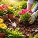 Bunte Gerbera-Blüten in Beet und Kübel, grüne Blätter, sommerliche Balkonpflanze.