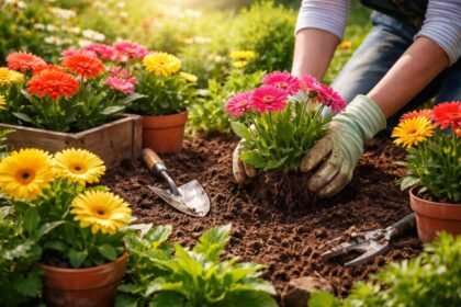 Bunte Gerbera-Blüten in Beet und Kübel, grüne Blätter, sommerliche Balkonpflanze.