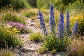 Gewöhnlicher Natternkopf im Naturgarten, blaue Blütenkerzen, Bienen und Schmetterlinge lockt.