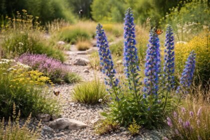 Gewöhnlicher Natternkopf im Naturgarten, blaue Blütenkerzen, Bienen und Schmetterlinge lockt.