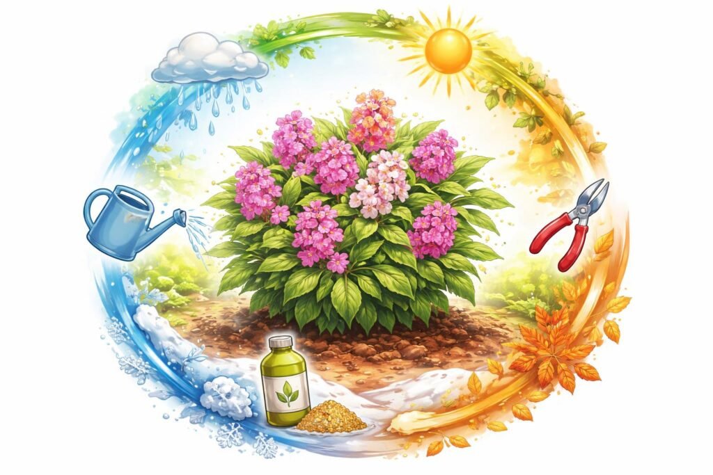 Gießen, Düngen und Schneiden: Leberbalsam im Jahresverlauf pflegen und schützen.