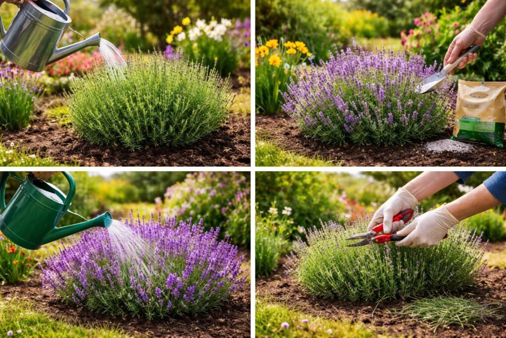 - Kurze Pflegeanleitung: richtig gießen, düngen und schneiden im Jahresverlauf für Schopflavendel.
