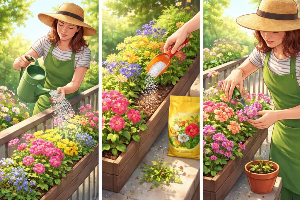 Blütenpracht im Balkonkasten: Pflege- und Pflanztipps für den ganzen Sommer Blütenpracht im Balkonkasten mit Sommerpflege, regelmäßiges Gießen, Düngen und Schneiden.