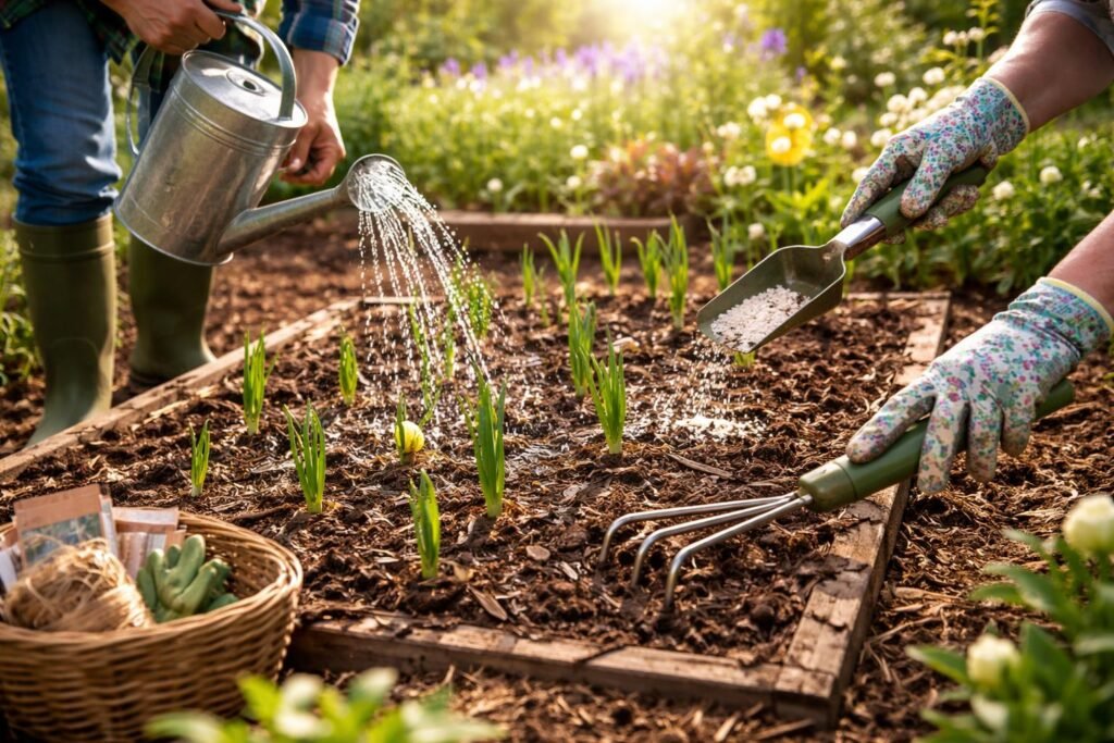 Gießen, düngen und Boden lockern für Zwiebel- und Knollenpflanzen im Frühjahr