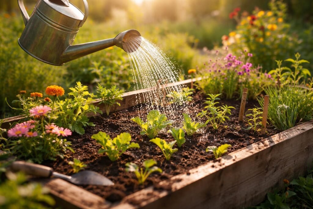 Die 5 größten Hochbeet-Fehler im Frühling und wie man sie vermeidet Frisch gegossenes Hochbeet im Frühling, Tropfen, Blattgrün, sonnige Atmosphäre, Pflegeleicht.