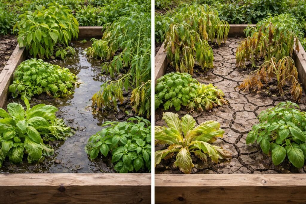 Hochbeet-Fails: Warum Ihre Gemüsepflanzen einfach nicht wachsen wollen Überflutetes Hochbeet, tropfende Tropfen, verwässerte Erde, gestresste Gemüsespflanzen, trockene Böden
