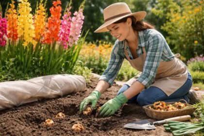 Gladiolen im sonnigen Gartenbeet, lange Blütenrispen, kräftige Farben und Gartenpflege im Vordergrund