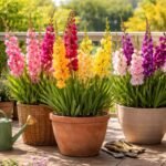 -Gladiolen im Topf, bunte Blüten, einfach zu pflegen auf Balkon und Terrasse