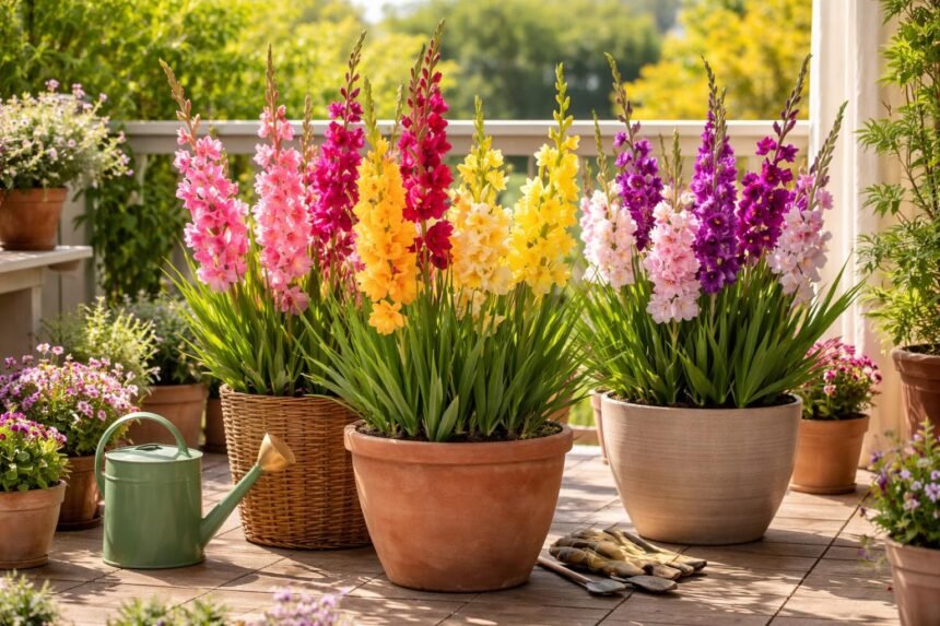 -Gladiolen im Topf, bunte Blüten, einfach zu pflegen auf Balkon und Terrasse