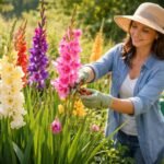 Gladiolen im farbenfrohen Beet, hohe Blütenstiele, sommerliches Gartenbild, inspiriert und frisches Grün umrahmt.