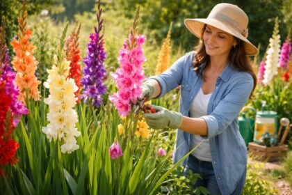 Gladiolen im farbenfrohen Beet, hohe Blütenstiele, sommerliches Gartenbild, inspiriert und frisches Grün umrahmt.