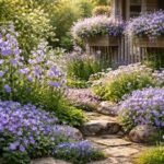 Nahaufnahme von Campanula-Blüten in Blau-Violett, zarte Glockenblumen im sonnigen Gartenboden