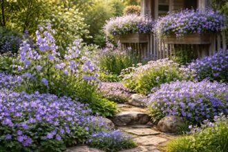 Nahaufnahme von Campanula-Blüten in Blau-Violett, zarte Glockenblumen im sonnigen Gartenboden