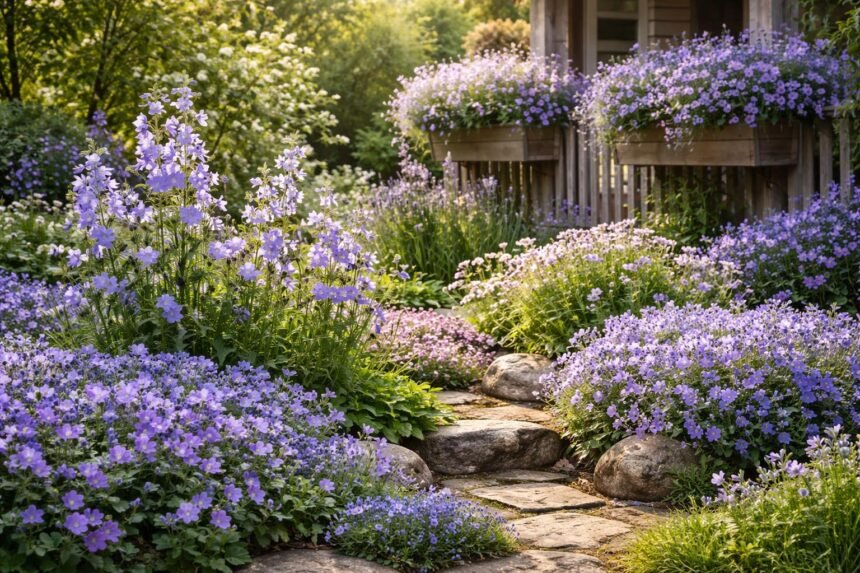 Nahaufnahme von Campanula-Blüten in Blau-Violett, zarte Glockenblumen im sonnigen Gartenboden