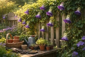 - Glockenrebe erklimmt Zäune elegant, beeindruckt mit großen, glockenförmigen Blüten, Balkone und Terrassen.