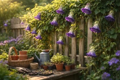 - Glockenrebe erklimmt Zäune elegant, beeindruckt mit großen, glockenförmigen Blüten, Balkone und Terrassen.