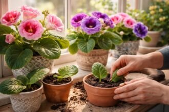 - Gloxinien mit samtigen Blättern und glockenförmigen Blüten auf der Fensterbank.