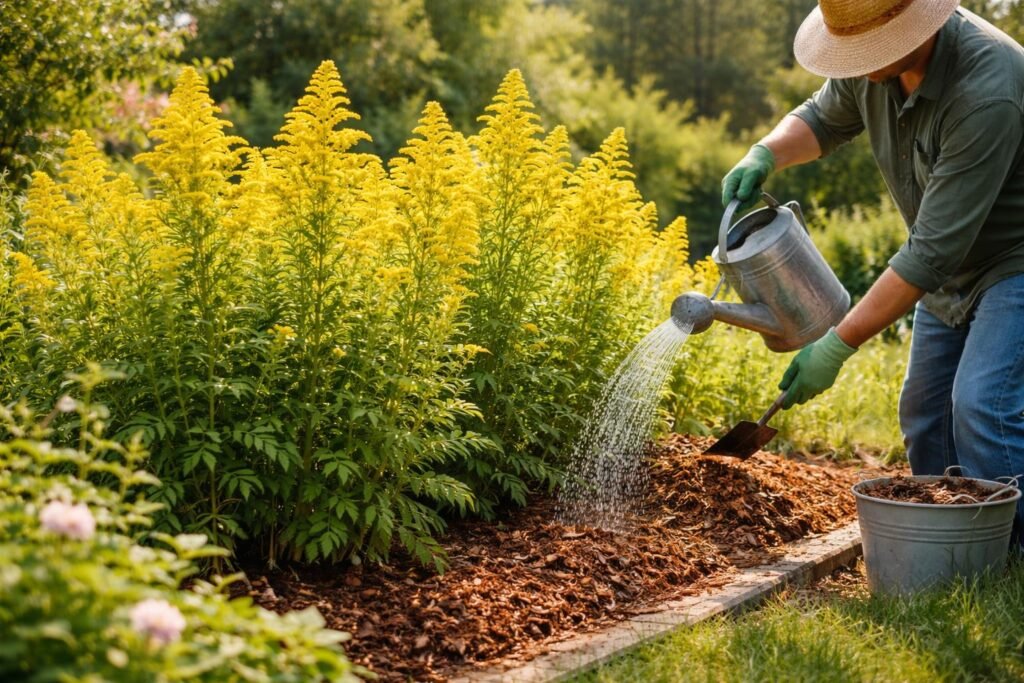 - Goldrute im sonnigen Beet mit leuchtenden goldenen Blütenständen und grünem Laub.
