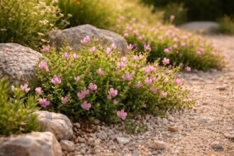 Aufnahme einer zarten Hauhechel-Beetpflanze mit rosa Blüten im sonnigen Garten.