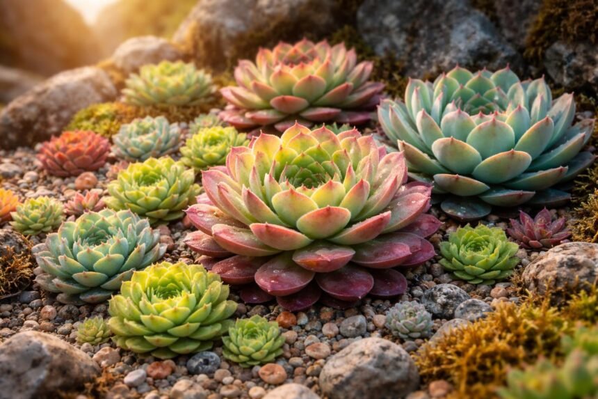 Hauswurz-Arten & -Sorten: Die schönsten im Überblick - Kleine Rosetten der Hauswurz, robust, farbenprächtig, vielfältig im Garten und in verschiedenen Lebensräumen.