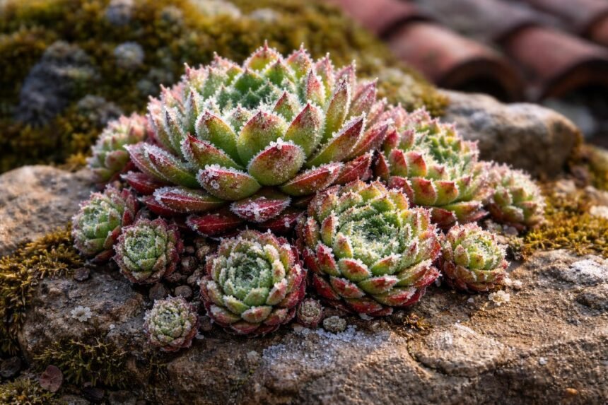 Sempervivum-Rosetten bedecken Mauerkrone, Steingarten und Dachziegel, winterhart, pflegeleicht und vielfältig.