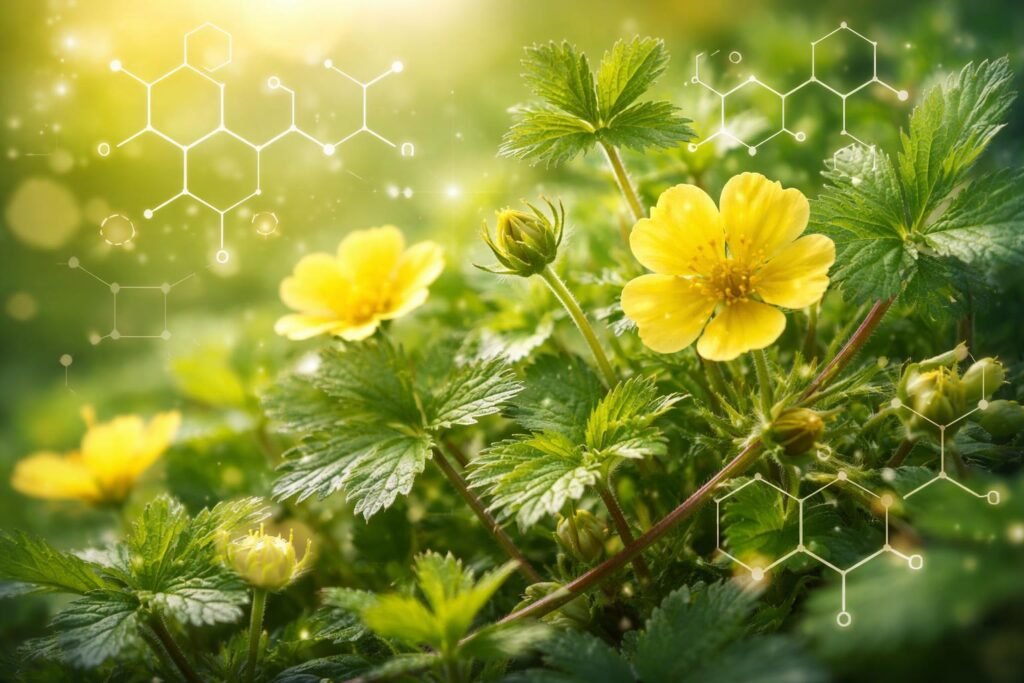 Nahaufnahme der Gänsefingerkraut-Pflanze mit Blättern und Blüten, medizinische Inhaltsstoffe sichtbar