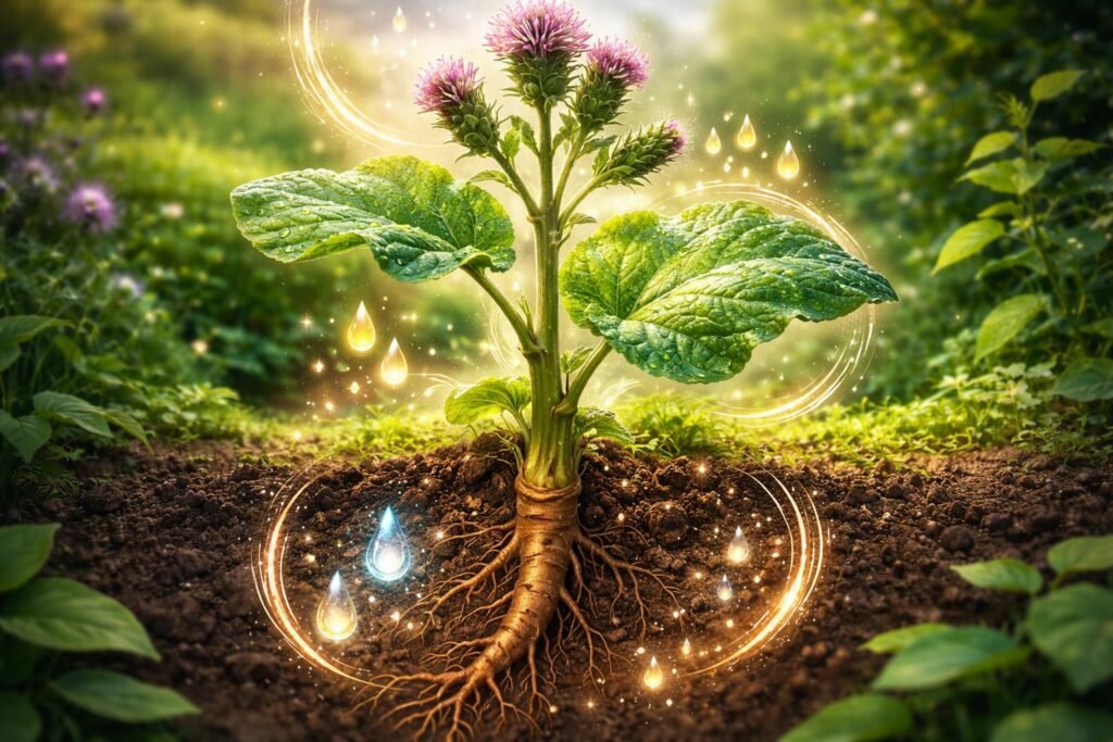 Nahaufnahme der Klette von Wurzel bis Blatt, heilende Wirkungen veranschaulicht