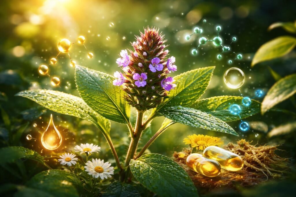 Nahaufnahme des Heilziests in natürlicher Umgebung mit Kennzeichnung der Inhaltsstoffe und des Nutzens sichtbar