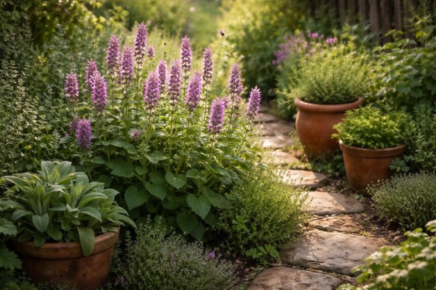 Nahaufnahme von Heilziest Stachys officinalis im Garten, zierliche Blütenkerzen und robuste Staudenstruktur im Hintergrund.
