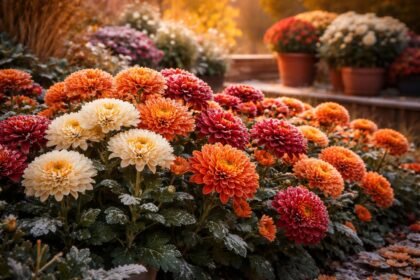 - Herbst-Chrysanthemen blühen spät im Beet und Balkon mit leuchtenden Farben.