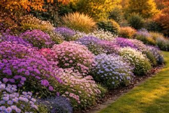 - Herbstastern im Beet erstrahlen in Violett, Rosa, Blau und Weiß.
