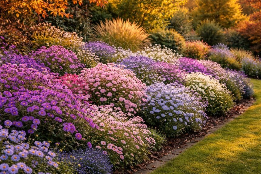 - Herbstastern im Beet erstrahlen in Violett, Rosa, Blau und Weiß.