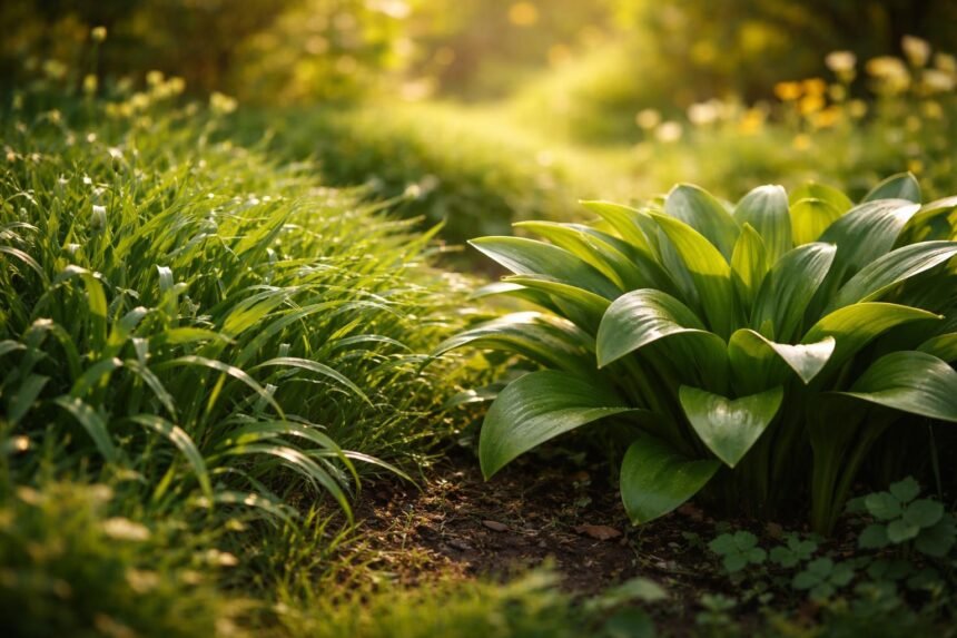 Herbstzeitlose im Beet: Blätter; Giftigkeit; Verwechslungsgefahr mit Bärlauch; Merkmale klar erkennbar.