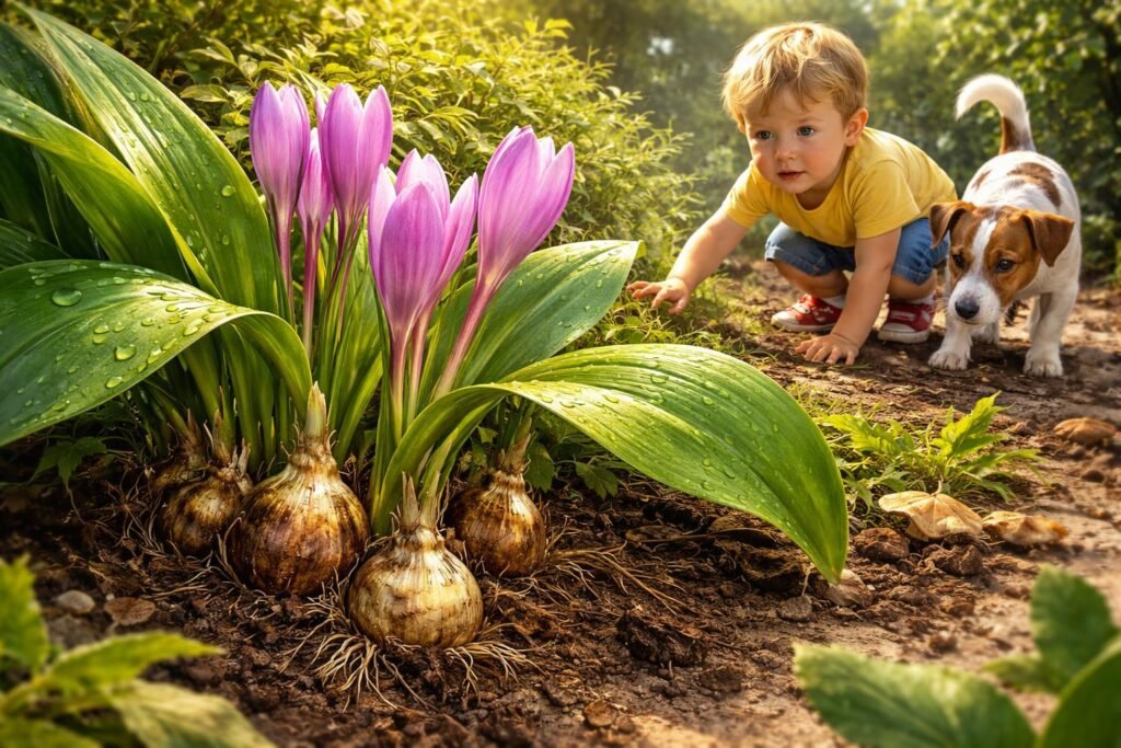 Eine Nahaufnahme der Herbstzeitlose-Blätter, Gift und Warnschild im Garten sichtbar