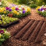 Nahaufnahme von Hornveilchen im Frühling, bunte Blüten im Beet, sonnig beleuchtet.