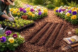 Nahaufnahme von Hornveilchen im Frühling, bunte Blüten im Beet, sonnig beleuchtet.