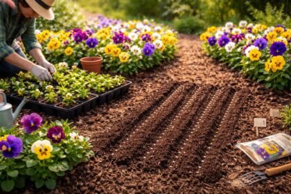 Nahaufnahme von Hornveilchen im Frühling, bunte Blüten im Beet, sonnig beleuchtet.