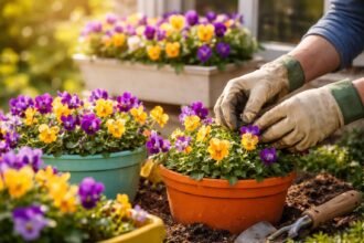 Hornveilchen in bunten Kästen und Beeten werden im Frühling gepflegt.