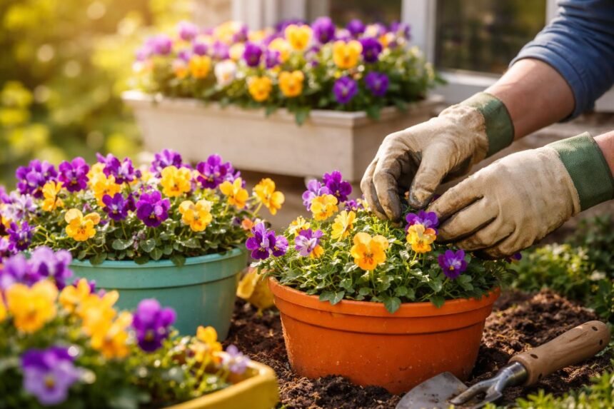 Hornveilchen in bunten Kästen und Beeten werden im Frühling gepflegt.