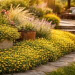 - Kleine Husarenknöpfchen-Blüten leuchten sonnig im Beet, Kübel und Balkon vor bläulich grünem Hintergrund.