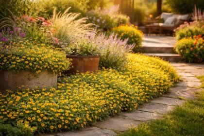 - Kleine Husarenknöpfchen-Blüten leuchten sonnig im Beet, Kübel und Balkon vor bläulich grünem Hintergrund.
