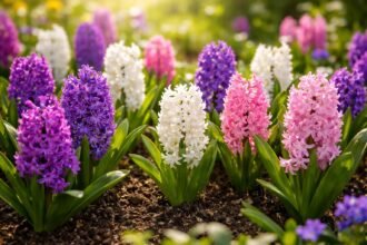 - Hyazinthen im Frühlingsgarten: duftend, farbenfroh, pflegeleicht, dicht blühender Teppich im Sonnenlicht.